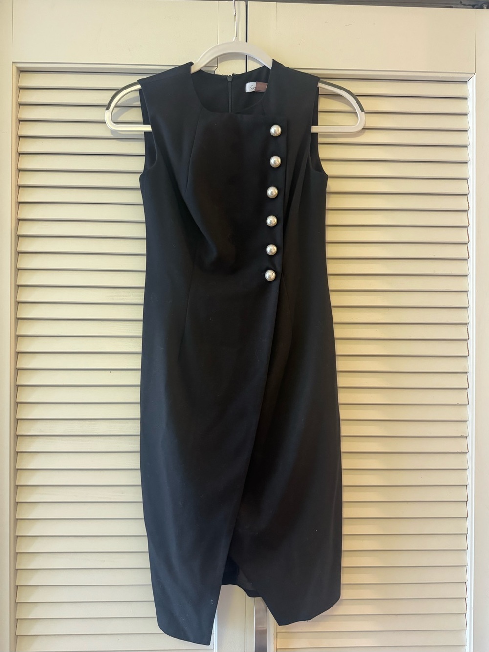 Calvin Klein Black Sleeveless Sheath Dress with Pearl Buttons
